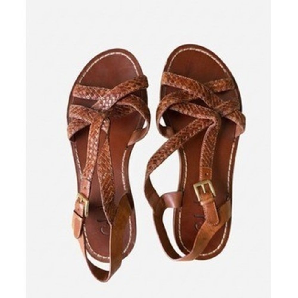 Cole Haan Sandals Women 6 Brown Leather Woven Strappy Slingback Buckle Flat